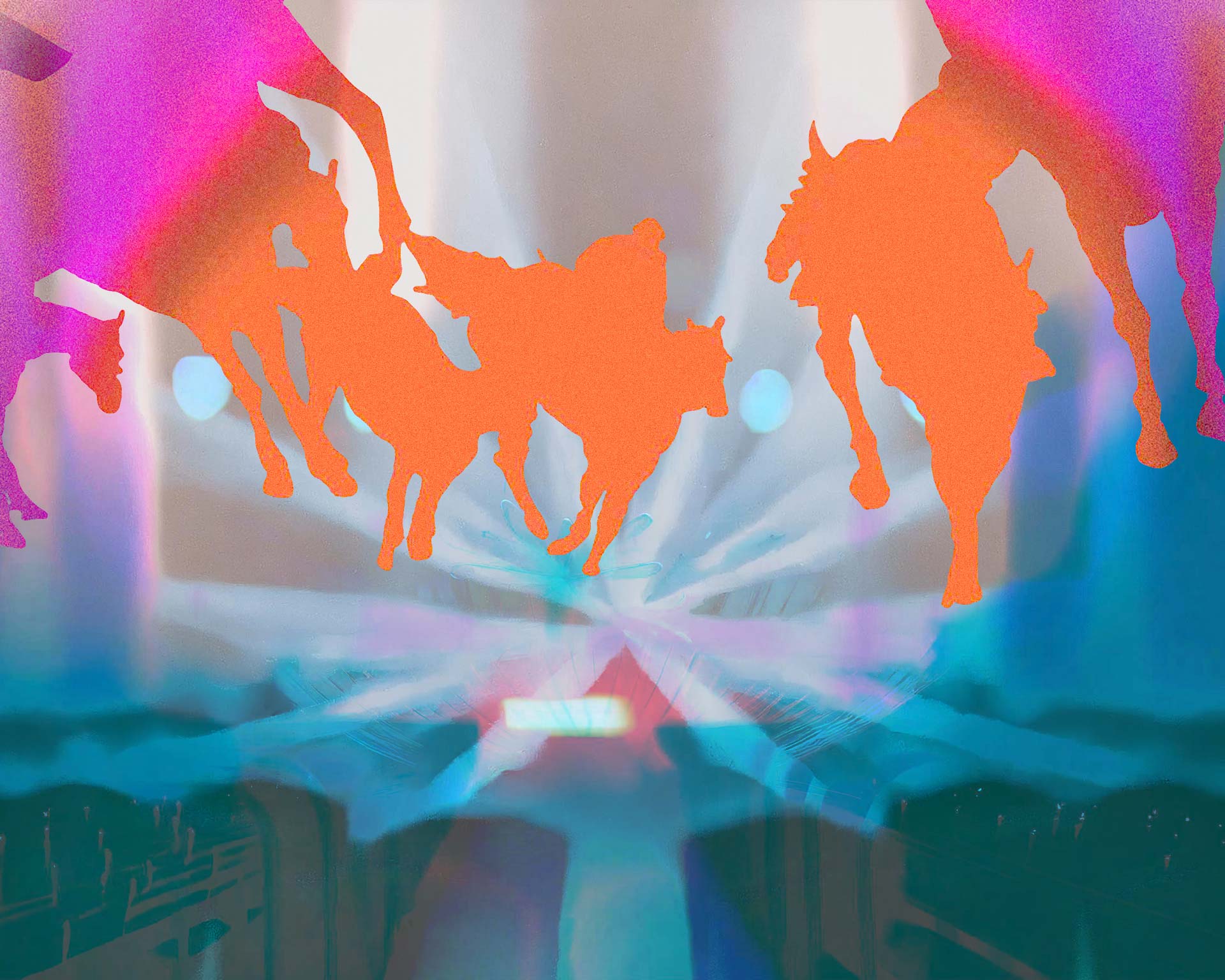 Abstract picture of some horses running in a theatre